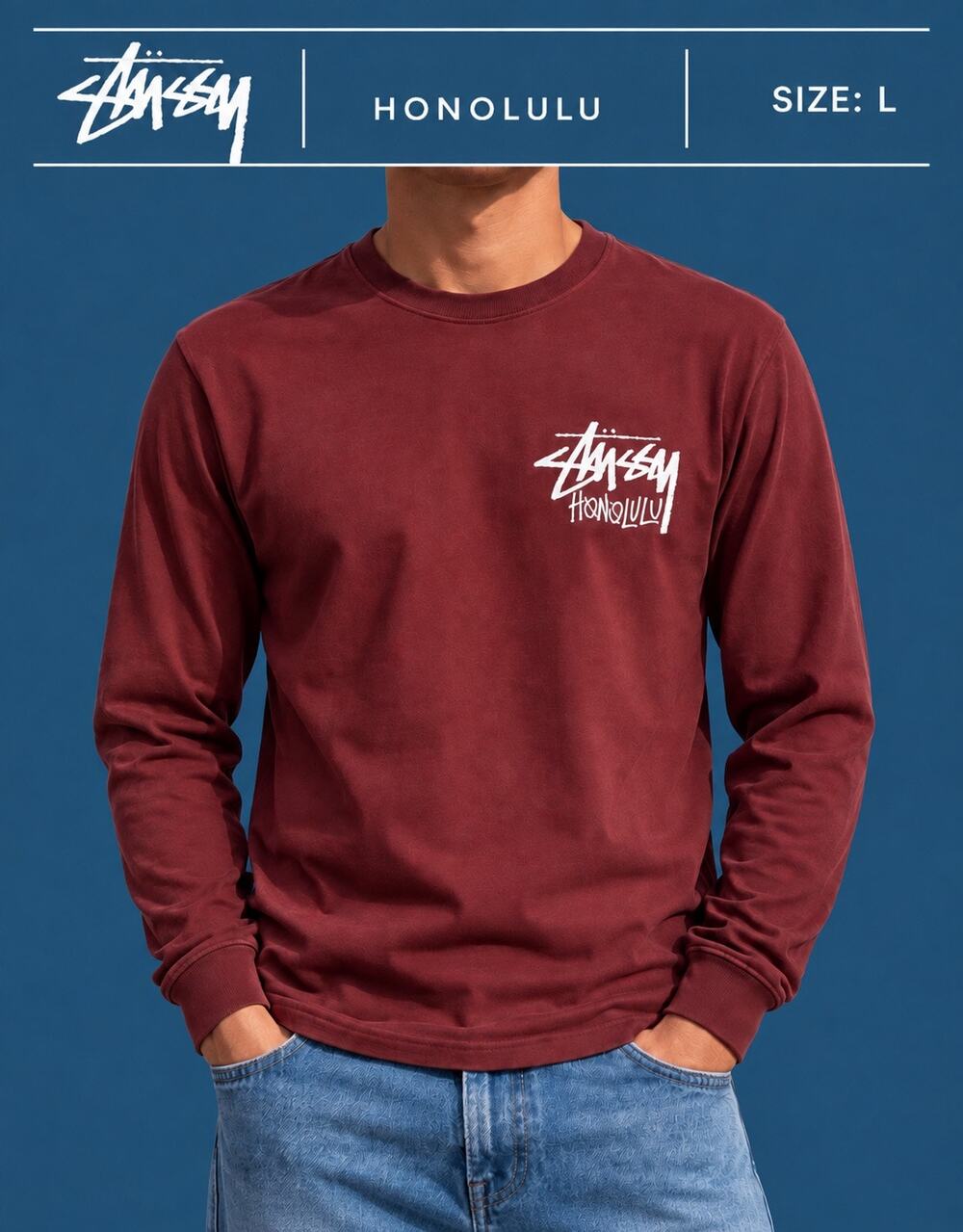 Stüssy Honolulu Chapter Burgundy Long Sleeve Shirt Men’s Large NWOT